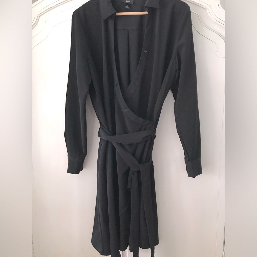 Mossimo Faux Wrap Black Belted Long-sleeve Shirt Dress LBD Knee Length Size L